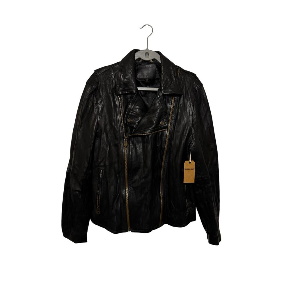 True Religion Black Genuine Lambskin Leather Double Zip Moto Jacket Rare Medium
